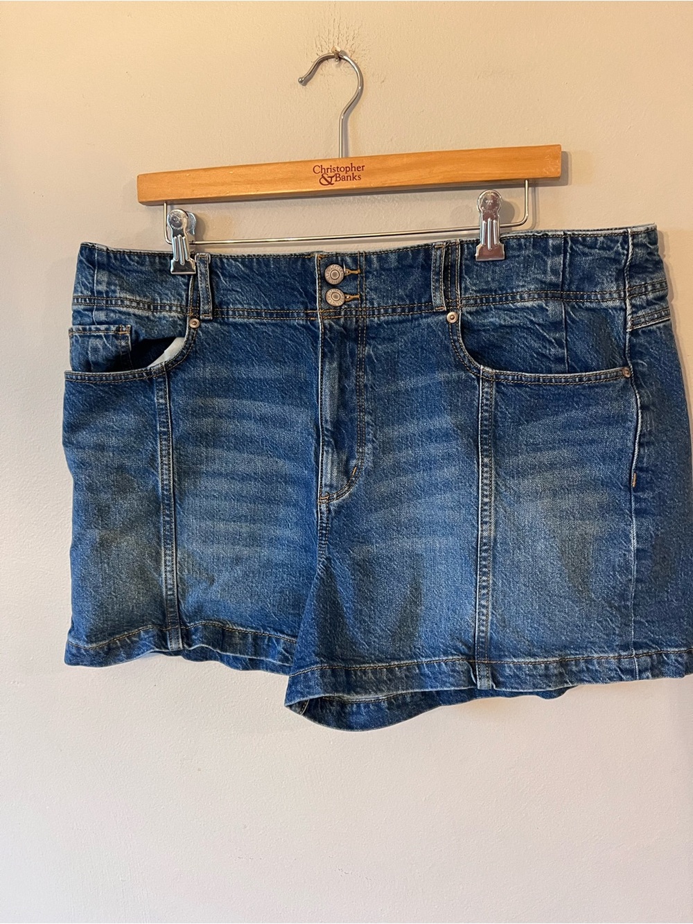 LOFT Women's Blue Denim Mini Shorts with Double Button Waist